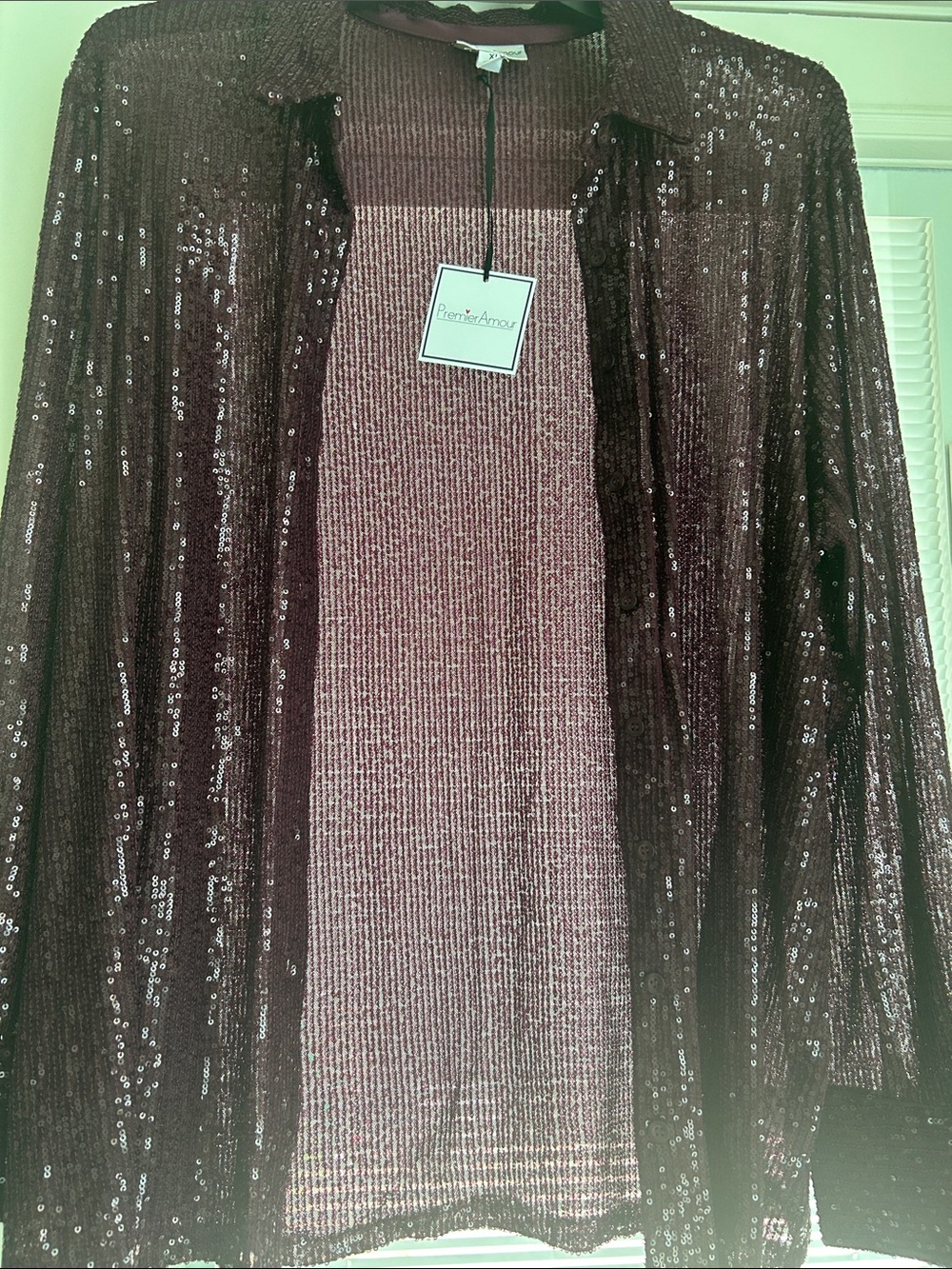 BeadedAmor Sequin Open-Front Women’s Top in Deep Burgundy